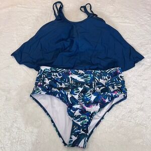 Yonique Womens XL Tankini Set Navy Ruffle Top Tropical High Waist Bottoms NWT‎